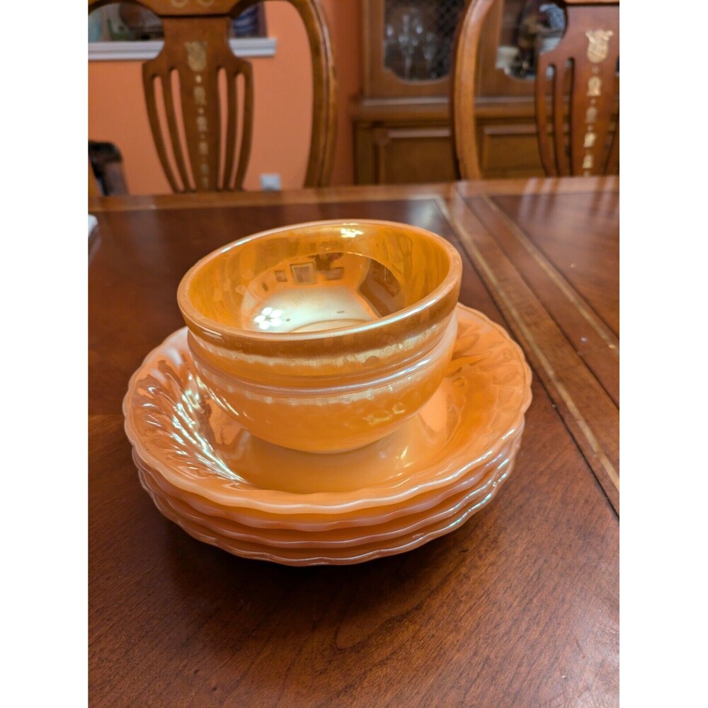 Vintage Fire King Peach Lustre 4 Rim Soup Bowls & 2 Oatmeal Bowls Set